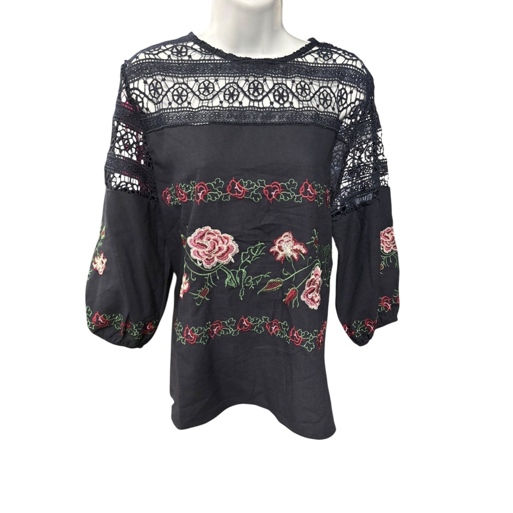 Cutie Minute Black‎ Embroidered Floral Lace Boho Blouse Top Women's Large